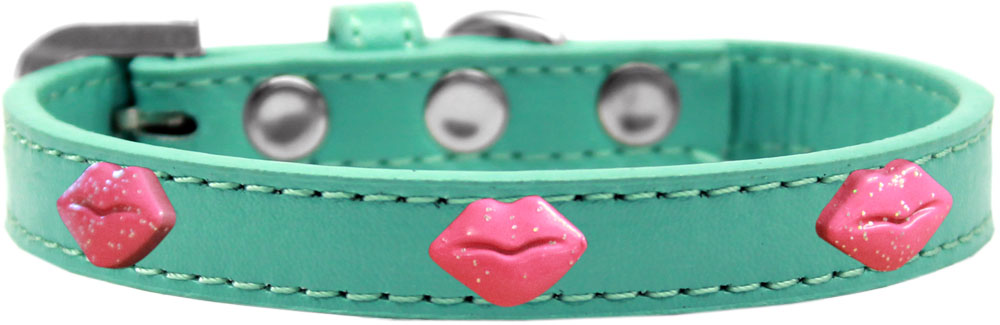 Pink Glitter Lips Widget Dog Collar Aqua Size 18
